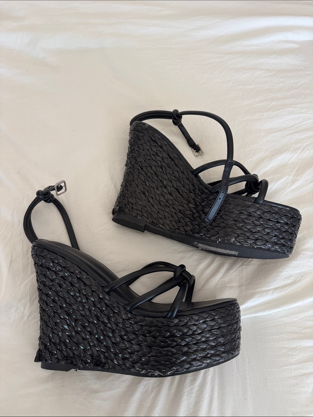 Women's Black Woven Platform Wedge Sandals with Ankle Strap
